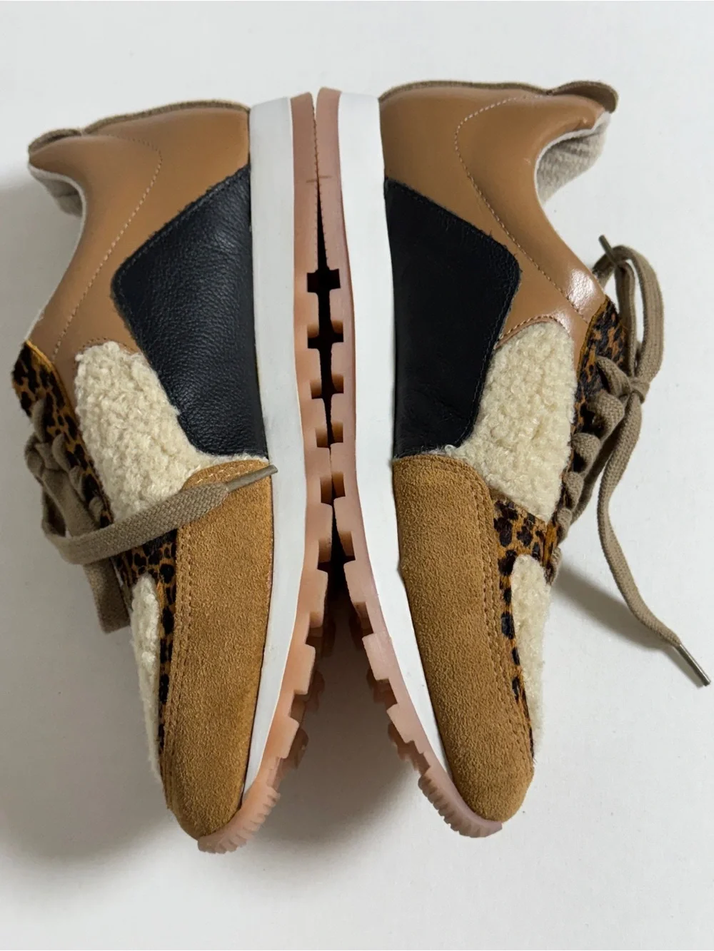 Yosi Samra Paige Tan Leather Sherpa Leopard Mix Crossover Sneakers